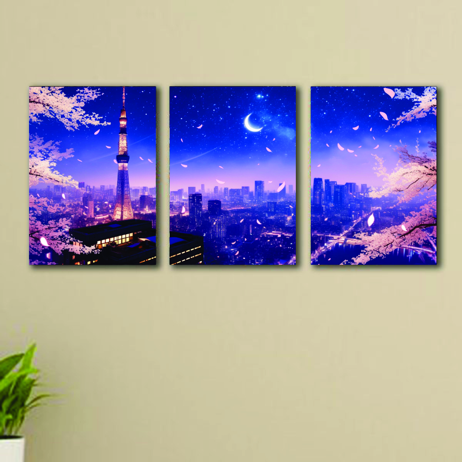 Set Of 3 blue city Sticky Canvas Frames For Wall Decore 8x11 inches size / Sticky Phototiles For Office And Home Workplace