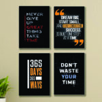 Set Of 4 Motivational Sticky Canvas Frames For Wall Decore 8x11 inches size / Sticky Phototiles For Office And Home Workplace