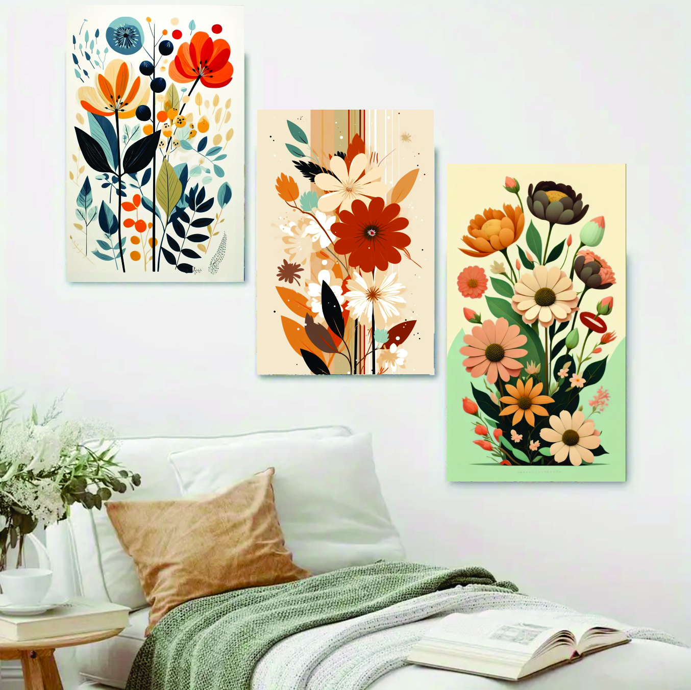 Set of 3 Flower sticky canvas phototiles frame for wall, Home decor 8x11 inch