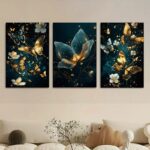 3-Piece Butterfly Floral Wall Art – Wooden Sticky Tile Panels (8×11 Inch Each Frame)