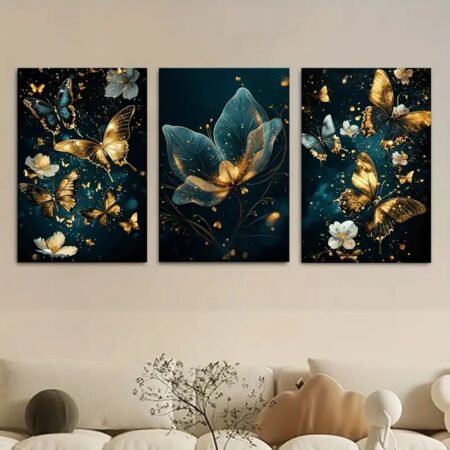 3-Piece Butterfly Floral Wall Art – Wooden Sticky Tile Panels (8×11 Inch Each Frame)