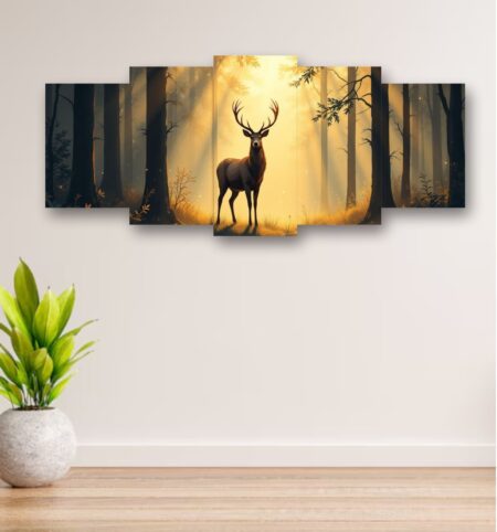 5-Piece Wooden Wall Frame Set – Deer in Forest Sunset Design (16×40 Inch Ready Size)