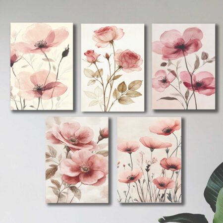 5-Piece Pink Floral Wooden Wall Frame set (8×11 Inch Each Frame)