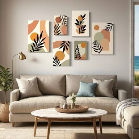 6-Piece Leaf Wall Art Sticky Tile Frame Set – Natural Design for Home Décor