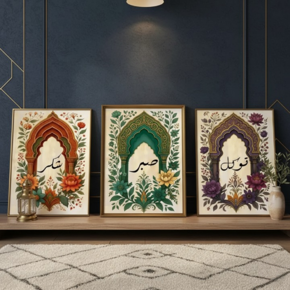 Tawakkul | Sabar | Shukar Wooden Sticky Wall Art – 3 Piece Islamic Motivational Frame Set, 8x11 inch Each with Easy Sticky Tape Installation