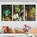 Set Of 3 Nature Art Wooden Frames For Wall Decoration / Sticky Photo Tile