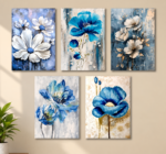 5 Pcs Blue Floral MDF Wall Art Set – Modern Flower Home Decor