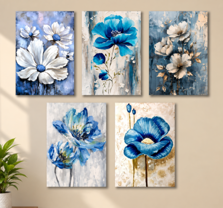 5 Pcs Blue Floral MDF Wall Art Set – Modern Flower Home Decor