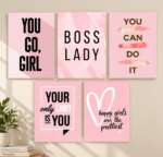 5 Pcs Girls Room Motivational Wall Art Photo Tiles – Boss Lady & You Go Girl