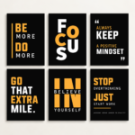 6 Pcs Black & Orange Motivational Wall Art Set – Focus & Positive Mindset