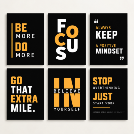 6 Pcs Black & Orange Motivational Wall Art Set – Focus & Positive Mindset