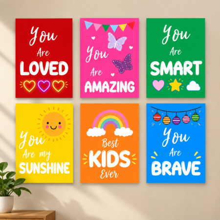 6 Pcs Kids Positive Affirmation Wall Art Set – Loved, Smart, Amazing & Brave