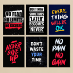 6 Pcs Motivational Wall Art Photo Tiles – No Fear, Never Give Up & No Pain No Gain