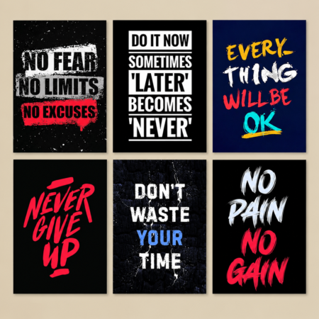 6 Pcs Motivational Wall Art Photo Tiles – No Fear, Never Give Up & No Pain No Gain