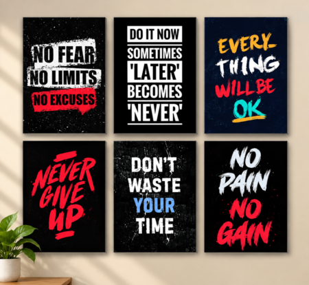 6 Pcs Motivational Wall Art Set – No Fear, Do It Now & No Pain No Gain
