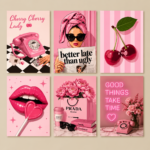 6 Pcs Pink Girls Room Wall Art Set – Cherry, Fashion & Floral Decor
