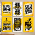 6 Pcs Yellow Gym Motivational Wall Art Set – Train Insane & Set Goals