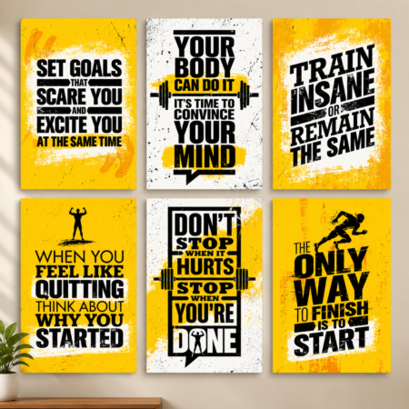6 Pcs Yellow Gym Motivational Wall Art Set – Train Insane & Set Goals