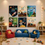 Kids Adventure Space Dinosaur & Sports 6 Piece Wall Art Set