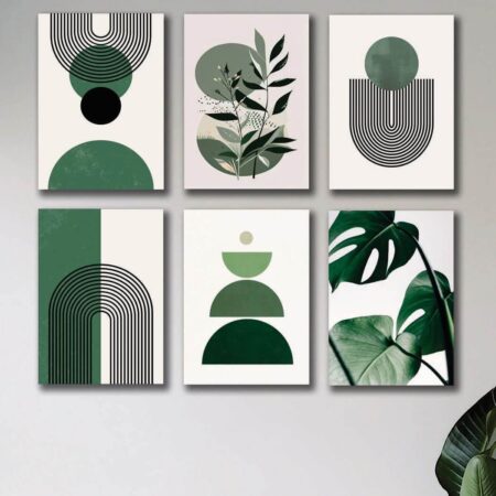 Modern Green Botanical Geometric 6 Piece Wall Art Set