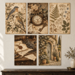Vintage Botanical Birds & Antique Clock 5 Piece Wall Art Set
