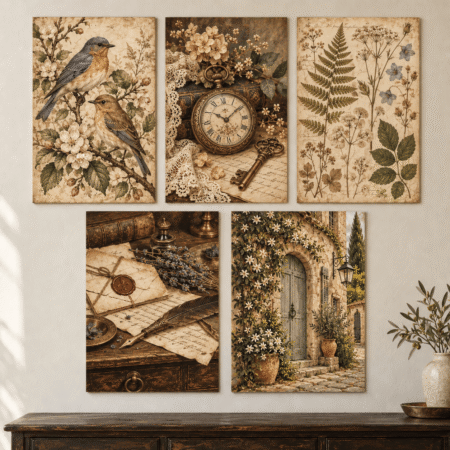 Vintage Botanical Birds & Antique Clock 5 Piece Wall Art Set