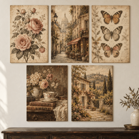 Vintage Paris Roses & Butterflies 5 Piece Wall Art Set